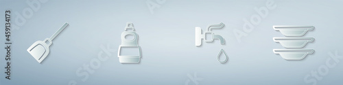 Set Dustpan, Dishwashing liquid bottle, Water tap and Washing dishes. Paper art style. Vector