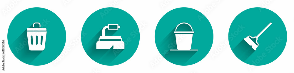 Set Trash can, Brush for cleaning, Bucket and Mop icon with long shadow. Vector Set Trash can, Brush for cleaning, Bucket and Mop icon with long shadow. Vector
