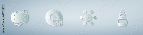 Set Bar of soap, Washing dishes, Bacteria and Dishwashing liquid bottle. Paper art style. Vector