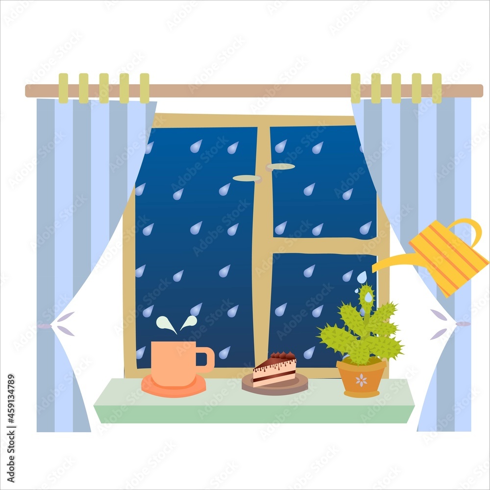 vector image of a succulent with a watering can, a cup and a cake on a windowsill. Image of cozy rany evening spent at home  with a view on a rain.   - obrazy, fototapety, plakaty 