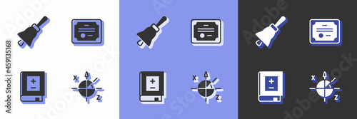 Set Trigonometric circle, Ringing bell, Book with mathematics and Certificate template icon. Vector