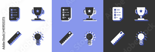 Set Creative lamp light idea, Clipboard with checklist, Ruler and Award cup icon. Vector