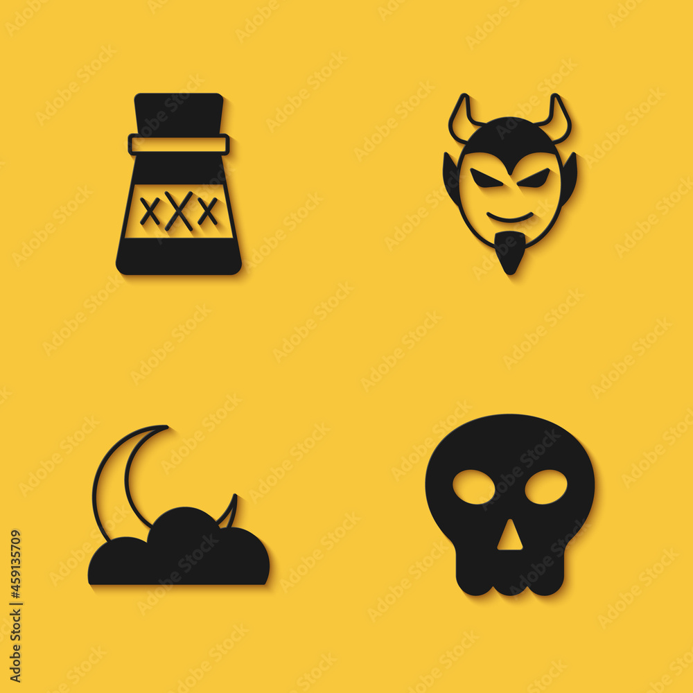 Fototapeta premium Set Bottle with potion, Skull, Moon and stars and Devil head icon with long shadow. Vector