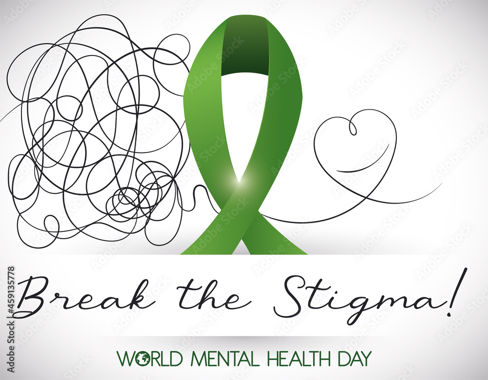 Green Ribbon and Untangled Doodles for World Mental Health Day, Vector
