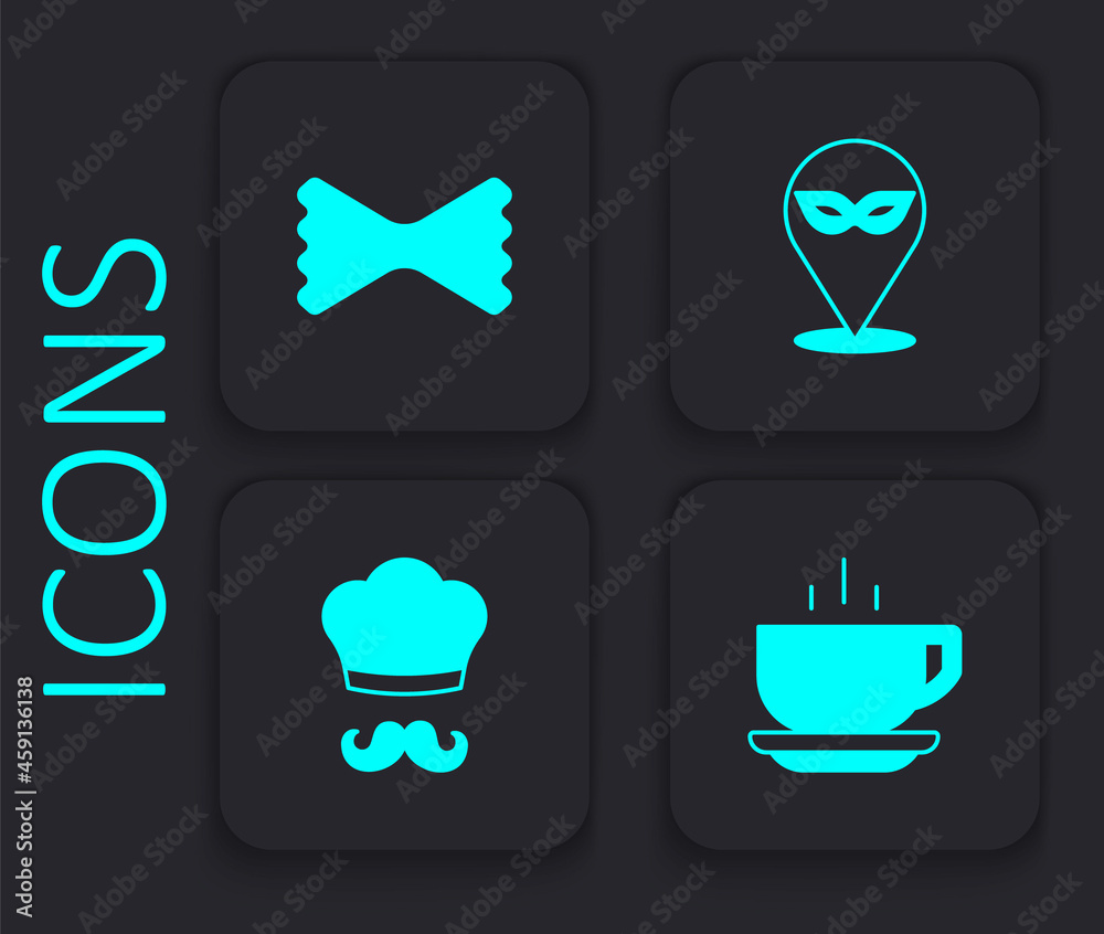 Set Coffee cup, Macaroni, Carnival mask and Italian cook icon. Black square button. Vector Set Coffee cup, Macaroni, Carnival mask and Italian cook icon. Black square button. Vector