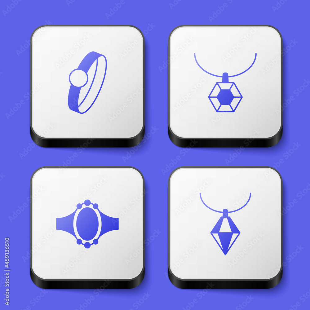 Set Diamond engagement ring, Pendant necklace, and icon. White square button. Vector