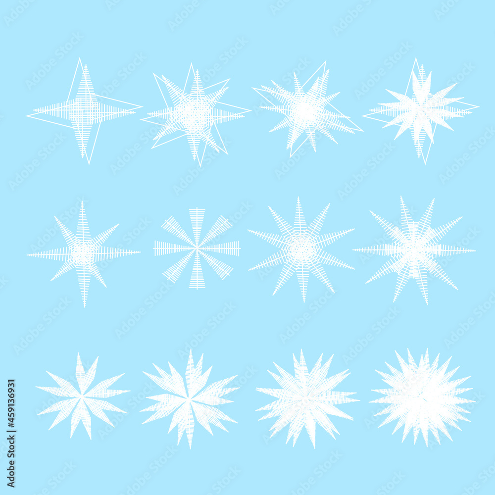 set of white abstract snowflakes on a blue background set of white abstract snowflakes on a blue background