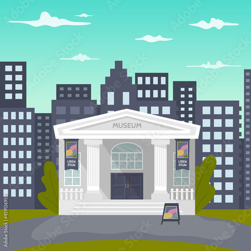 A cartoon illustration of a museum building with a name and columns and a city in the background