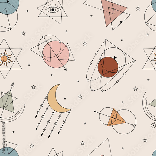 Vector seamless pattern with colorful alchemy and mystic signs eye, triangles, arrows, moons, stars, astrology symbols hand drawn in lines.
