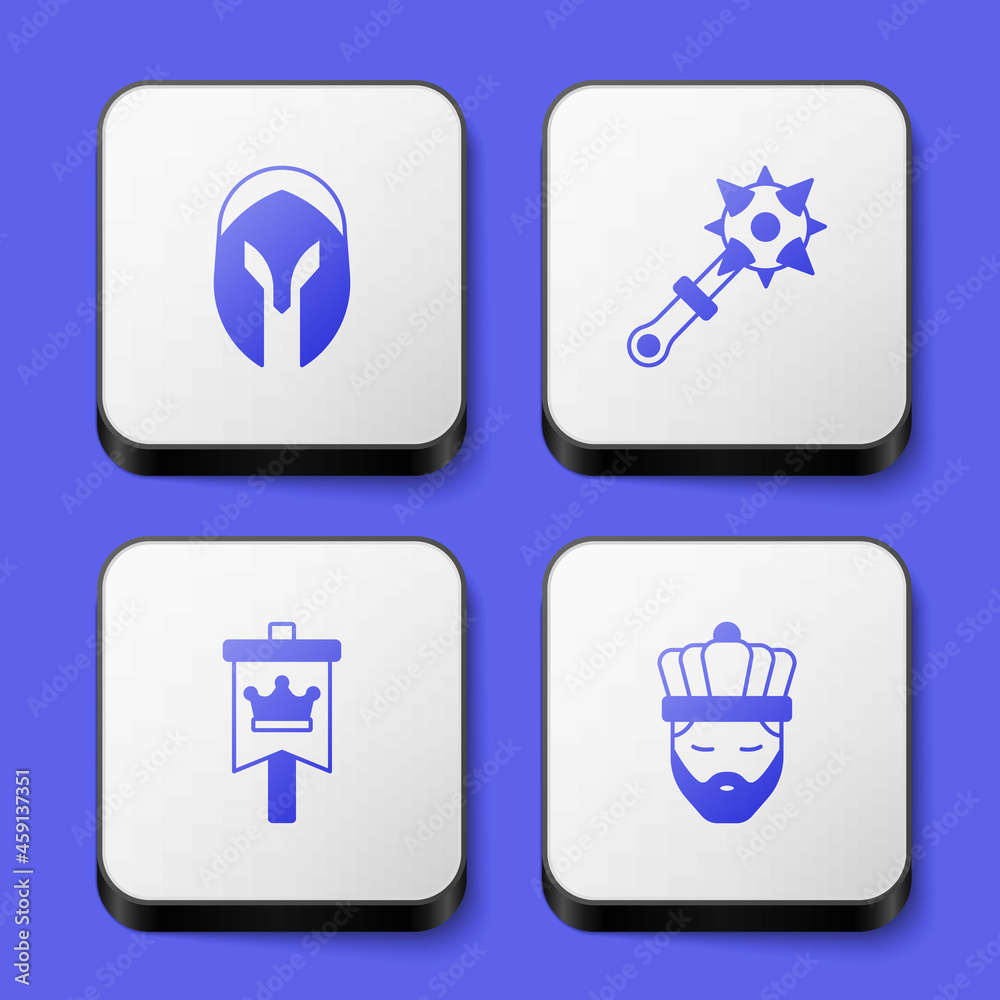 Set Medieval helmet, Mace with spikes, flag and King crown icon. White square button. Vector Set Medieval helmet, Mace with spikes, flag and King crown icon. White square button. Vector