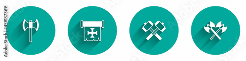 Set Medieval poleaxe, Crusade, Crossed battle hammers and medieval axes icon with long shadow. Vector