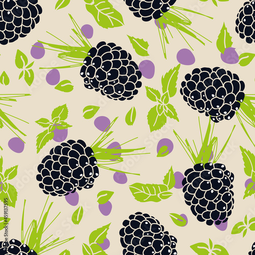 Vector beige green blackberry seamless pattern background. Perfect for fabric, scrapbooking, wallpaper projects.
