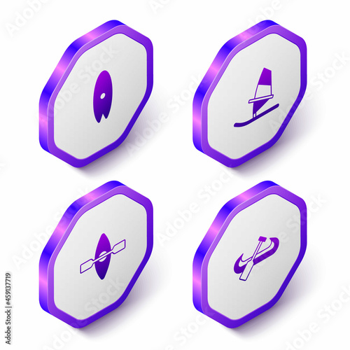 Set Isometric Surfboard, Windsurfing, Kayak and paddle and icon. Purple hexagon button. Vector