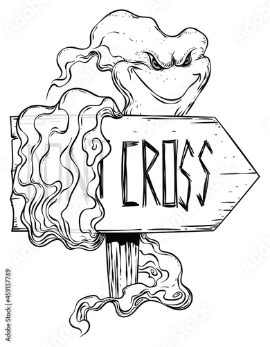 Mischievous Spirit Wrapping a Wooden Sign, Vector Illustration