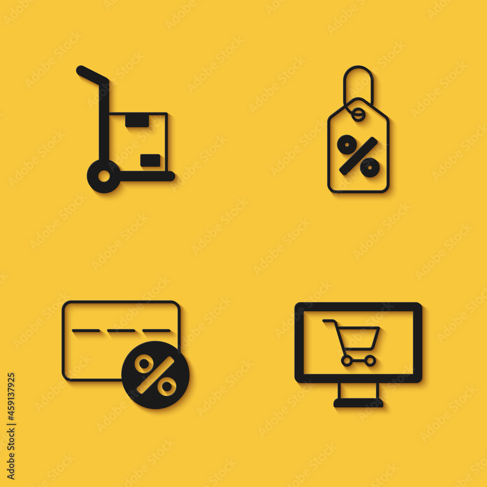 Set Hand truck and boxes, Shopping cart on monitor, Discount card with percent and tag icon with long shadow. Vector Set Hand truck and boxes, Shopping cart on monitor, Discount card with percent and tag icon with long shadow. Vector