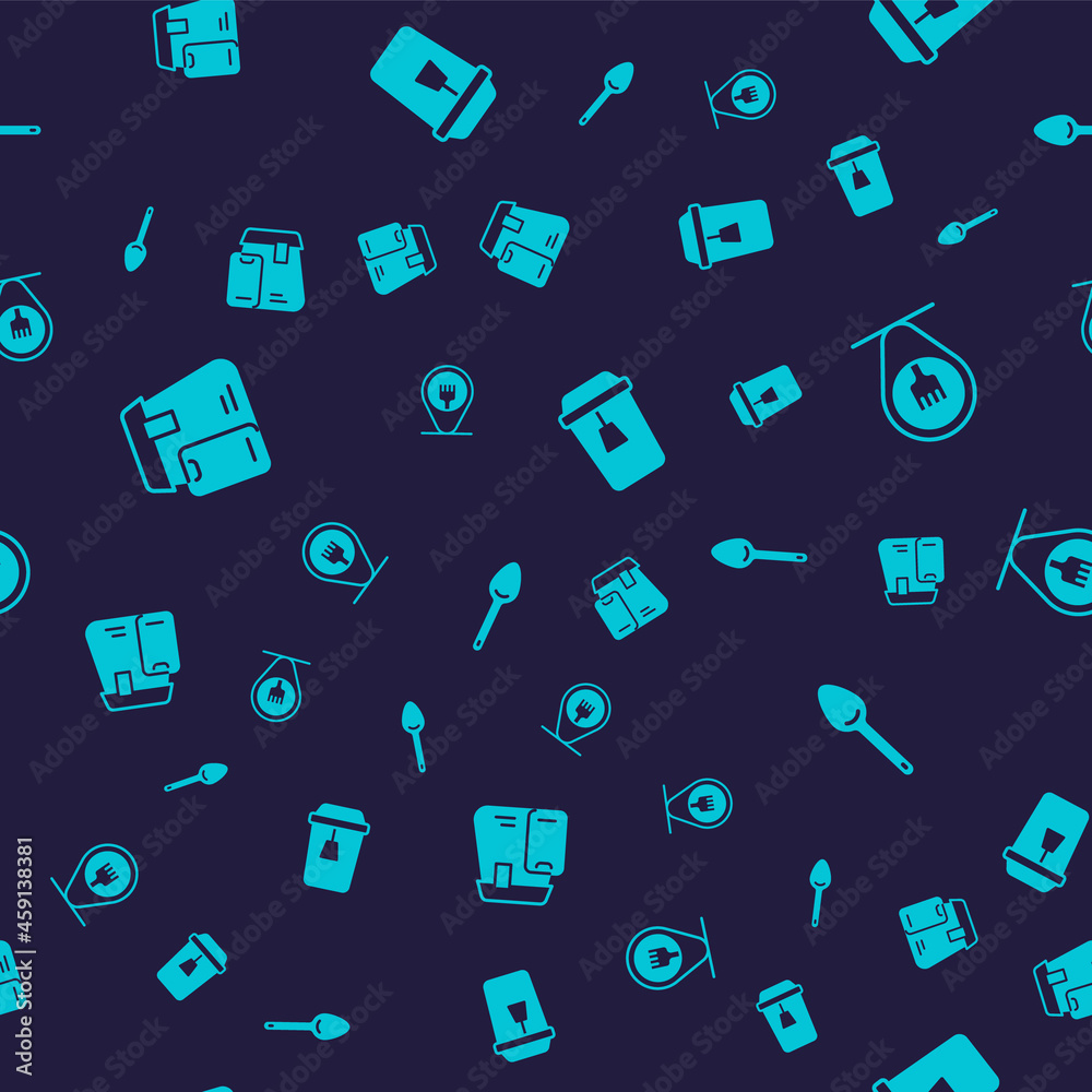 Set Online ordering food, Cafe and restaurant location, Cup of tea and Spoon on seamless pattern. Vector