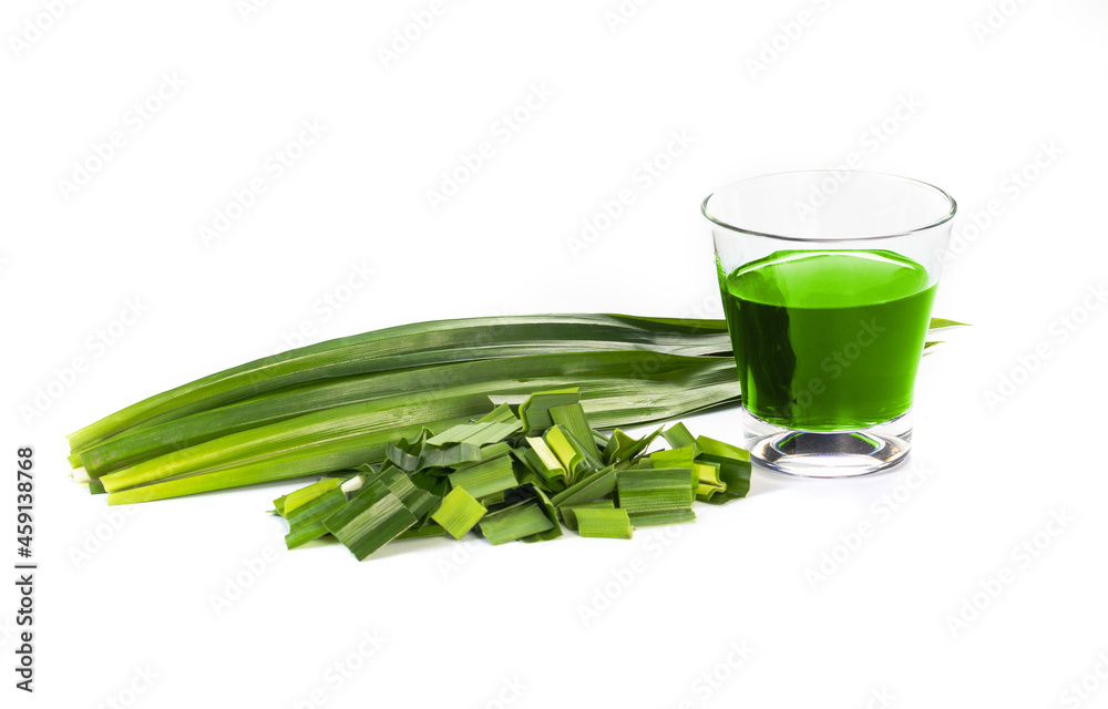 fresh pandan leaves and pandan juice isolated on white background fresh pandan leaves and pandan juice isolated on white background