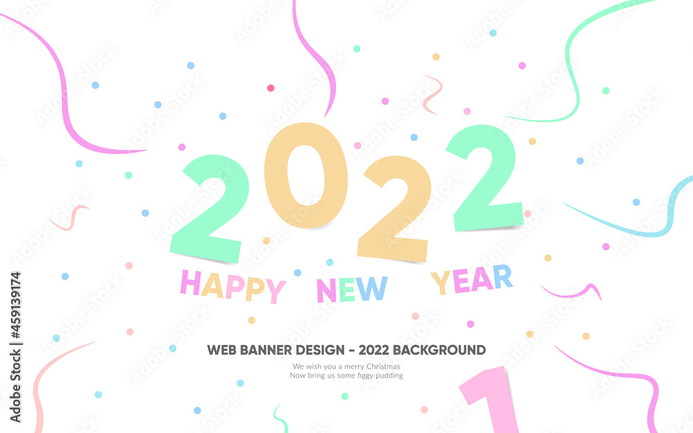 Vector Happy new year 2022 background with simple geometric colorful text and explosion of geometric shapes. Design for Christmas holiday web banners, flyers and social media greeting posts. 2022 logo