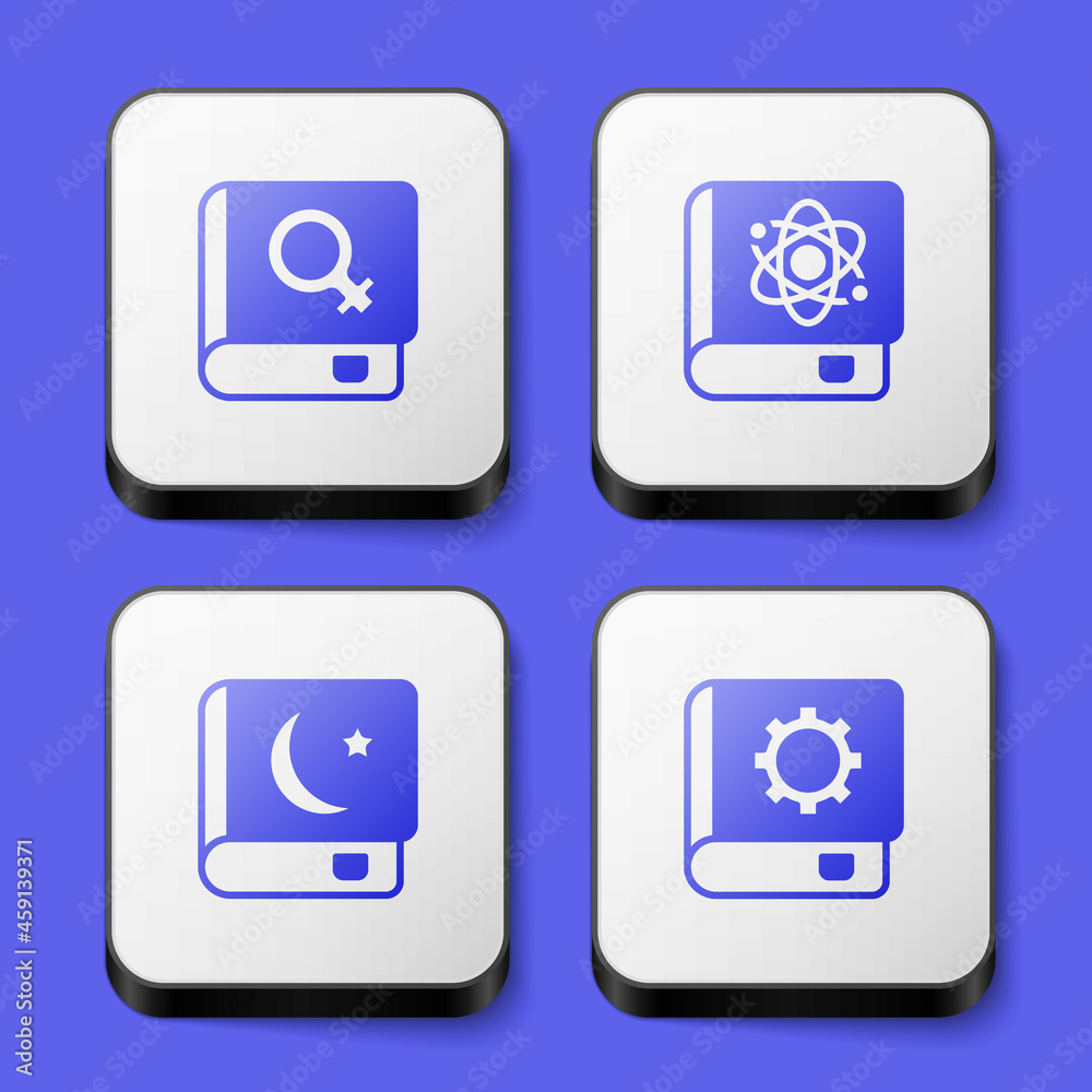 Set Book about women, physics, Holy book of Koran and User manual icon. White square button. Vector Set Book about women, physics, Holy book of Koran and User manual icon. White square button. Vector