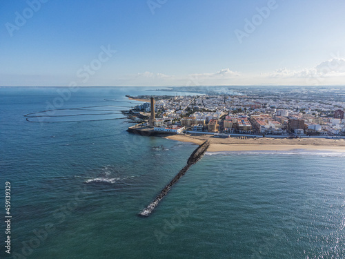 Foto aérea desde el mar de Chipiona, un pueblo costero de la provincia de Cádiz en Andalucía (España). photo