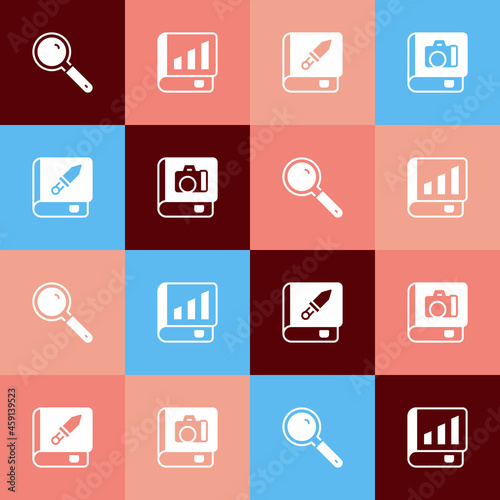 Set pop art Magnifying glass, Financial book, Book about weapon and Photo album gallery icon. Vector