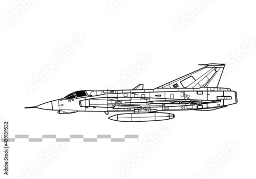Saab J35 Draken. Vector drawing of multirole fighter. Side view. Image for illustration and infographics.