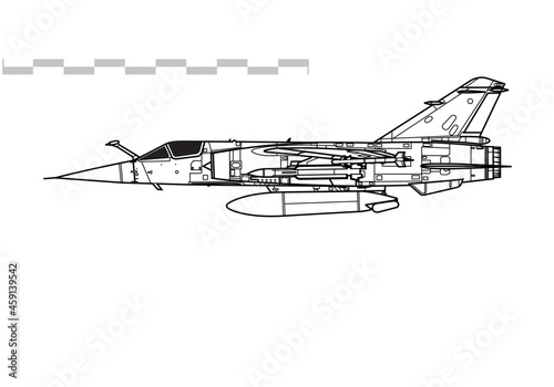 Dassault Mirage F1. Vector drawing of multirole fighter. Side view. Image for illustration and infographics.
