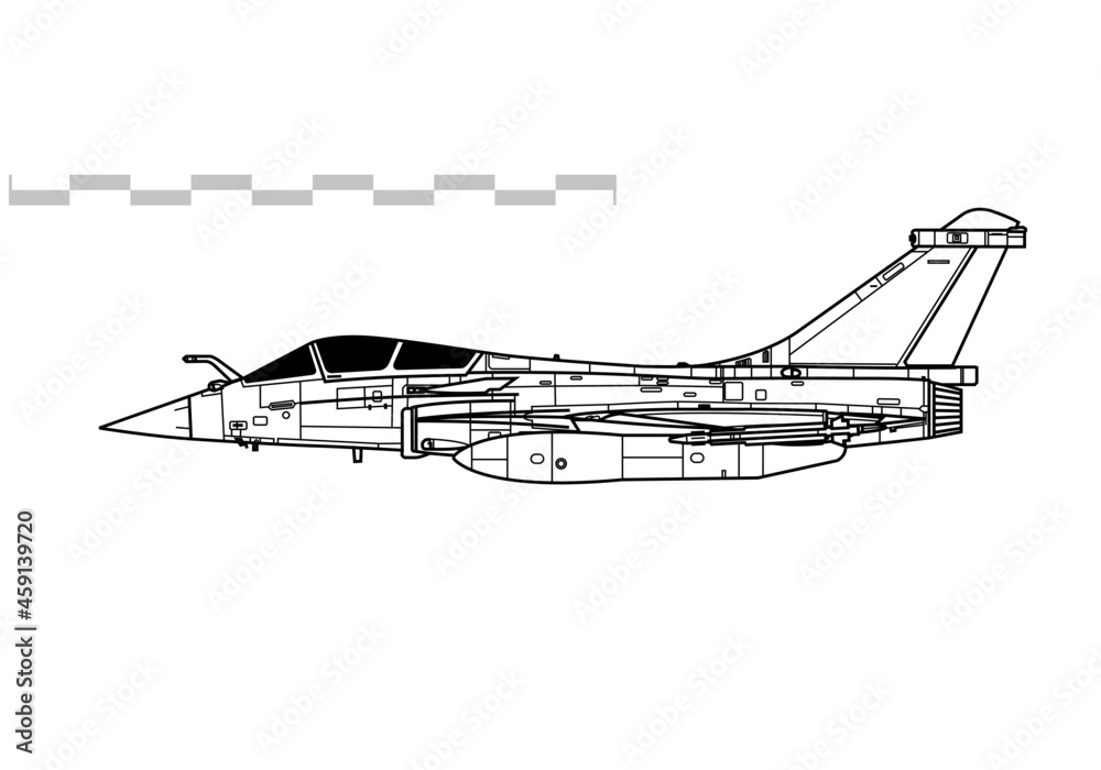 Dassault Rafale. Vector drawing of multirole fighter. Side view. Image for illustration and infographics. Dassault Rafale. Vector drawing of multirole fighter. Side view. Image for illustration and infographics.