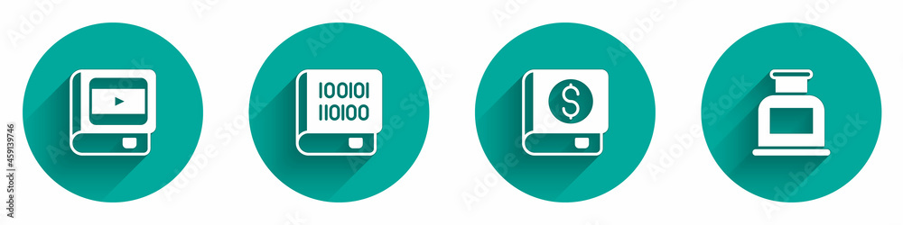 Set Book about cinema, Books programming, Financial book and Inkwell icon with long shadow. Vector Set Book about cinema, Books programming, Financial book and Inkwell icon with long shadow. Vector