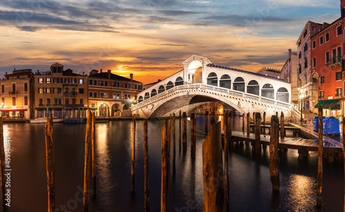 The Rialto bridge panorama at sunset, Venice, Italy