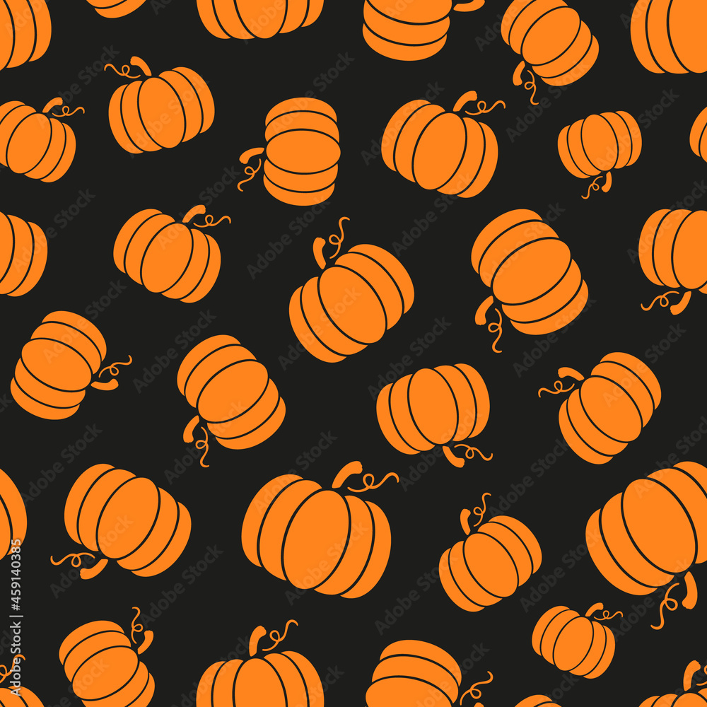 Pumpkin seamless repeat pattern. Irregular, vector cultivar of winter squash plants randomly placed all over print on black background.