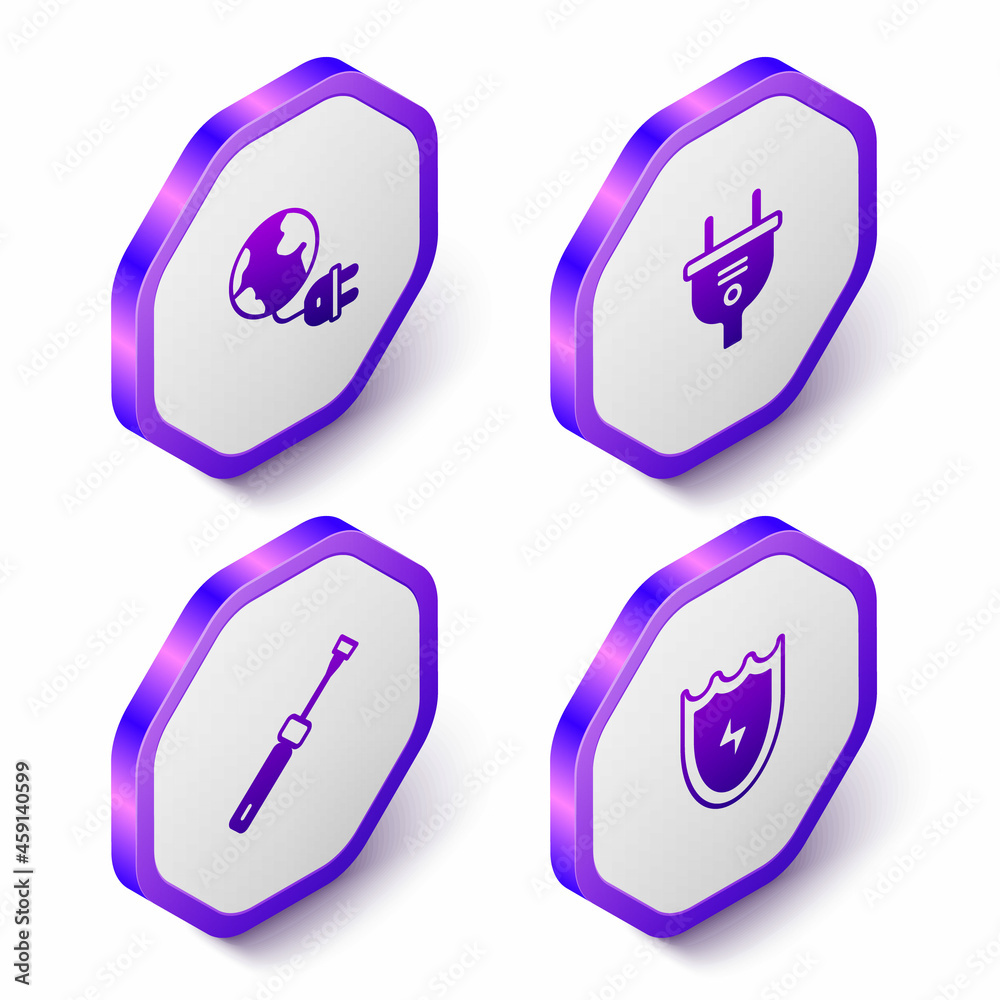 Set Isometric Global energy planet with plug, Electric, Screwdriver and Lightning and shield icon. Purple hexagon button. Vector Set Isometric Global energy planet with plug, Electric, Screwdriver and Lightning and shield icon. Purple hexagon button. Vector