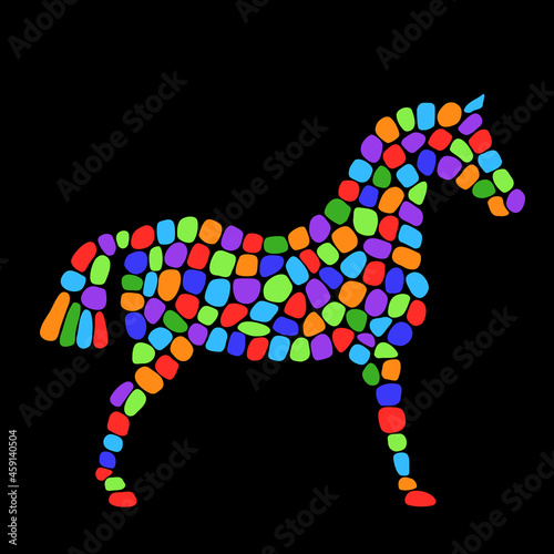 Fototapeta Naklejka Na Ścianę i Meble -  Horse silhouette with multicolor mosaic tile. Ornamental decorative ethnic vivid color figure shape. Vector hand drawn equestrian logo on black. 