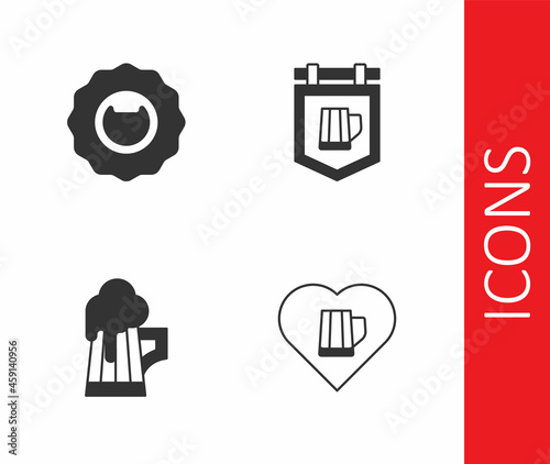 Set Heart with glass of beer, Bottle opener, Wooden mug and Street signboard icon. Vector