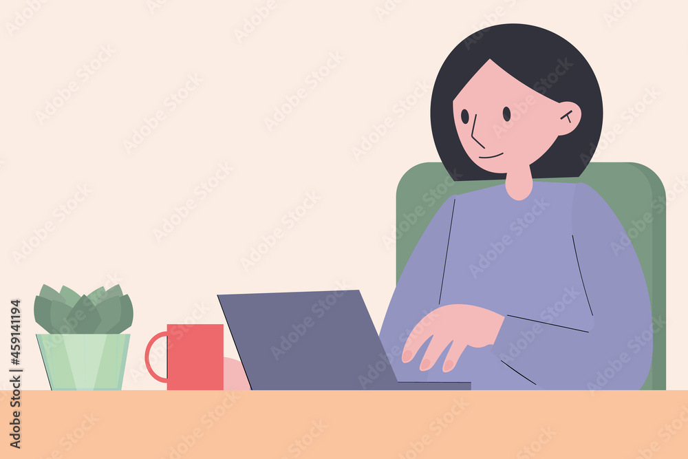 A young woman is working on a laptop from home. Remote work. A cozy workplace. Comfortable working conditions. Video communication via webcam. Education from home via the Internet and online courses A young woman is working on a laptop from home. Remote work. A cozy workplace. Comfortable working conditions. Video communication via webcam. Education from home via the Internet and online courses