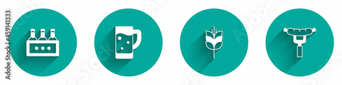 Set Pack of beer bottles, Glass, Wheat and Sausage on the fork icon with long shadow. Vector