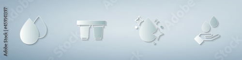 Set Water drop, filter cartridge, and Washing hands with soap. Paper art style. Vector