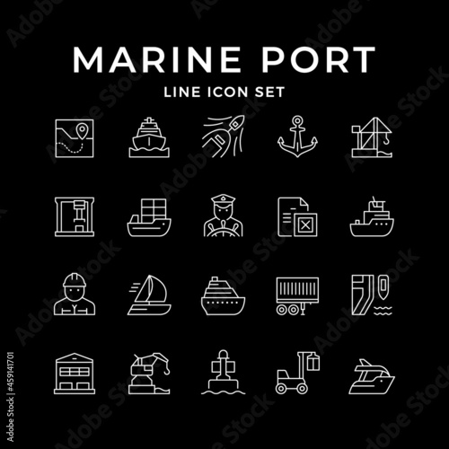 Set line icons of marine port