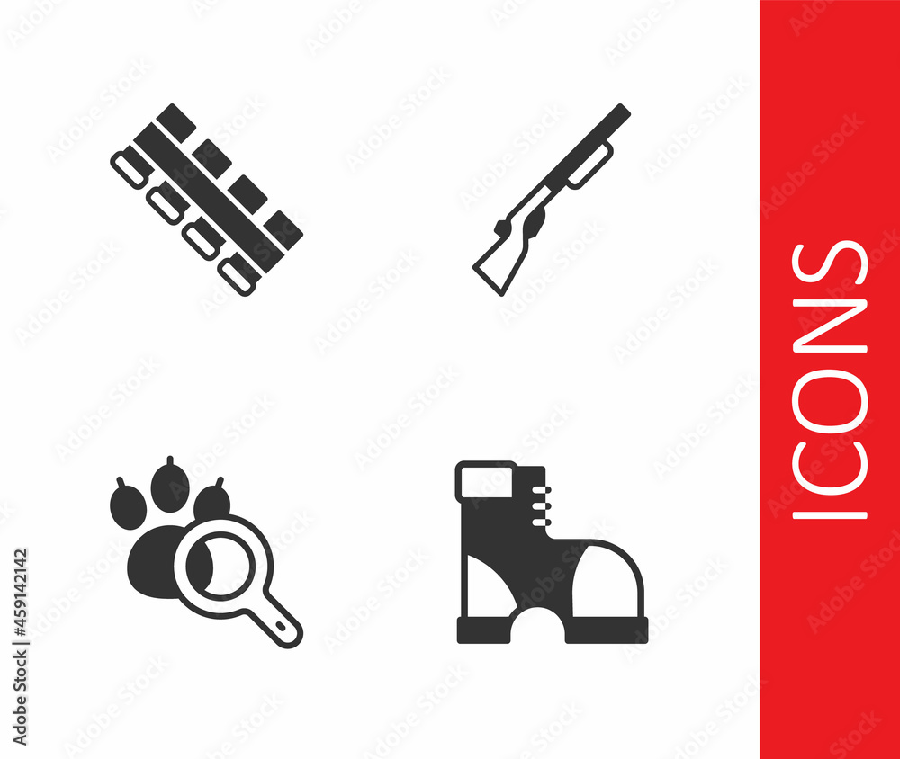 Set Hunter boots, Hunting cartridge belt, Paw search and gun icon. Vector Set Hunter boots, Hunting cartridge belt, Paw search and gun icon. Vector