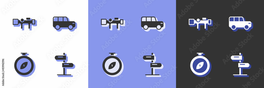 Set Road traffic sign, Sniper optical sight, Compass and Safari car icon. Vector