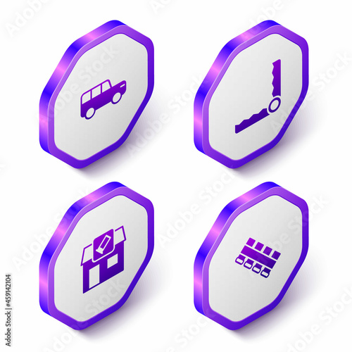 Set Isometric Safari car, Trap hunting, Hunting shop and cartridge belt icon. Purple hexagon button. Vector