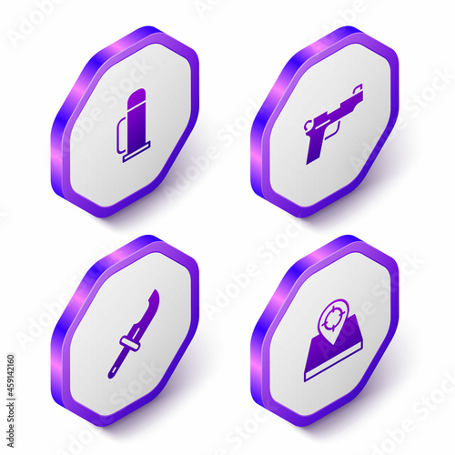 Set Isometric Thermos container, Pistol or gun, Hunter knife and place icon. Purple hexagon button. Vector