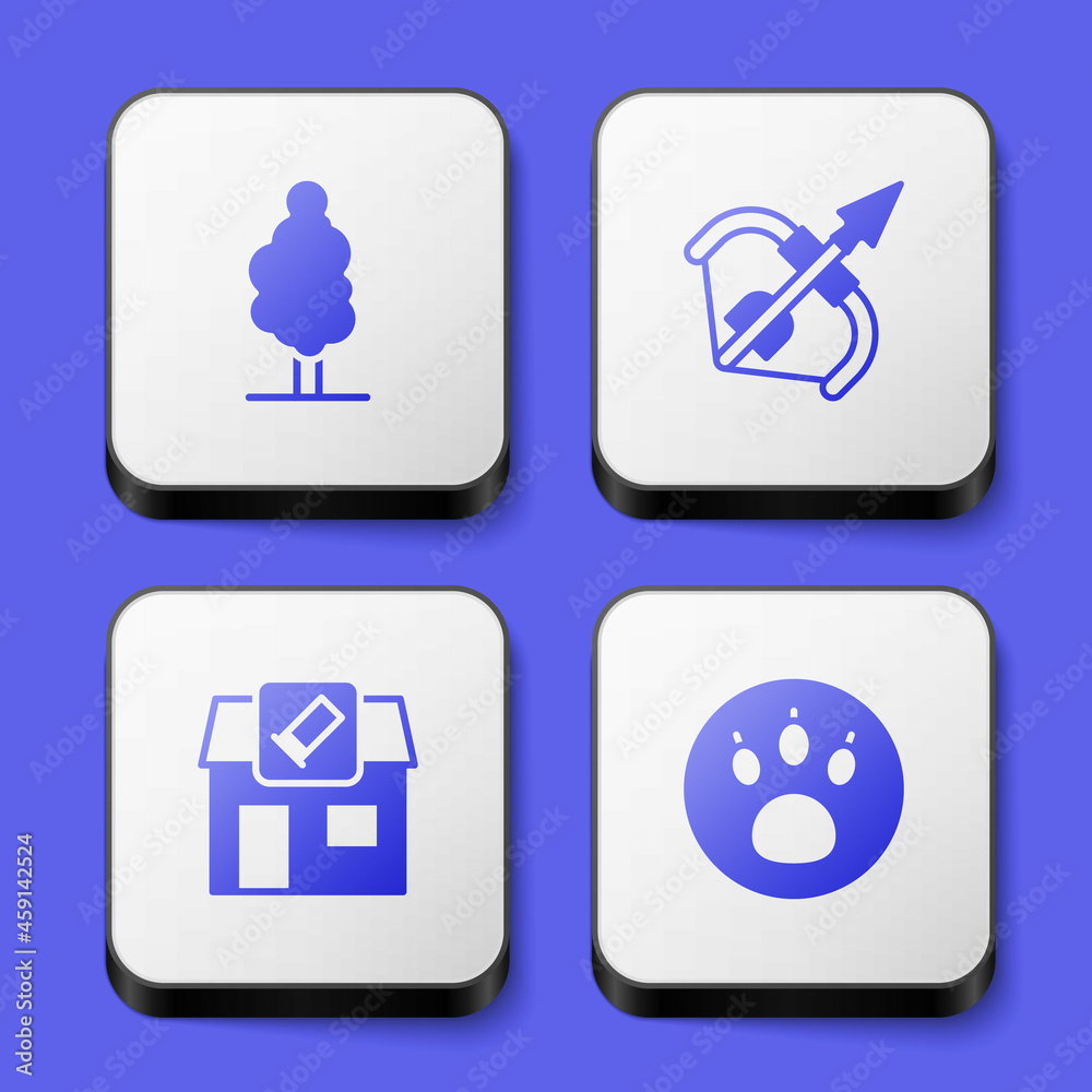 Set Tree, Medieval bow and arrow, Hunting shop and Paw search icon. White square button. Vector Set Tree, Medieval bow and arrow, Hunting shop and Paw search icon. White square button. Vector