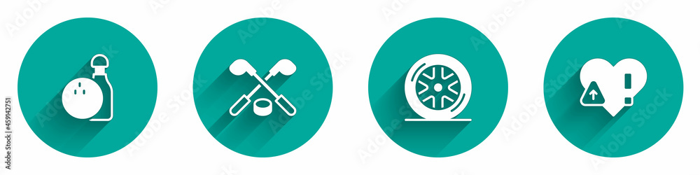 Set Bowling pin and ball, Ice hockey sticks puck, Car wheel and Heart rate icon with long shadow. Vector Set Bowling pin and ball, Ice hockey sticks puck, Car wheel and Heart rate icon with long shadow. Vector