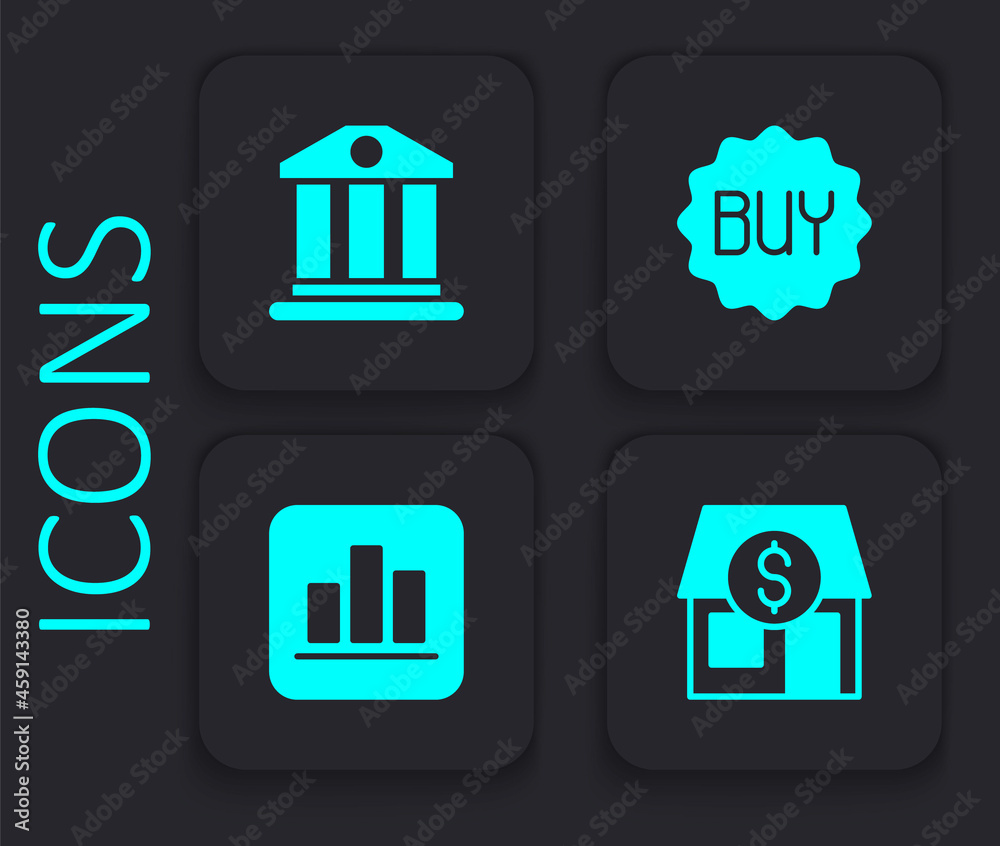 Set Market store, Bank building, Buy button and Pie chart infographic icon. Black square button. Vector Set Market store, Bank building, Buy button and Pie chart infographic icon. Black square button. Vector