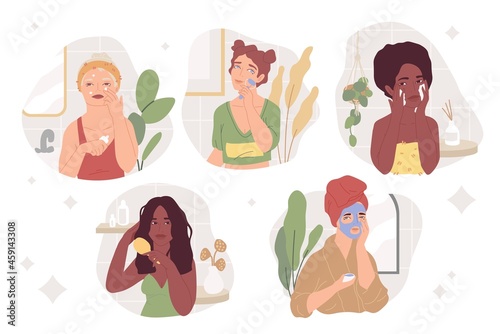 Bundle of compositions with cute young women, cosmetics products in bottles, jars and tubes for skin care. Skincare routine set. Flat cartoon vector illustration.