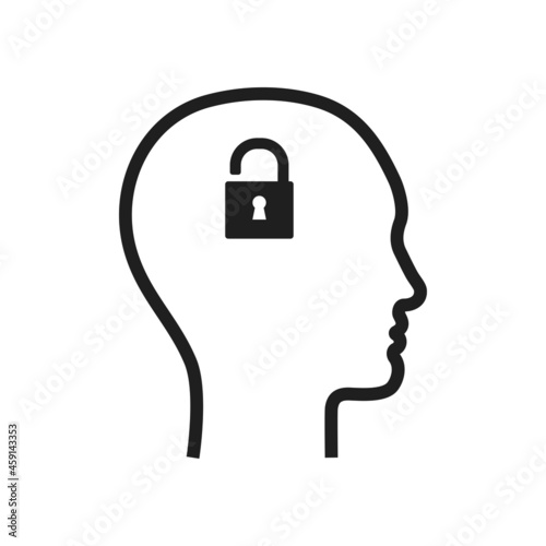 Human with unlock mind. Open padlock in head.