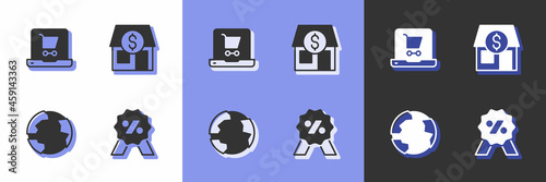 Set Discount percent tag, Shopping cart on screen laptop, Worldwide and Market store icon. Vector