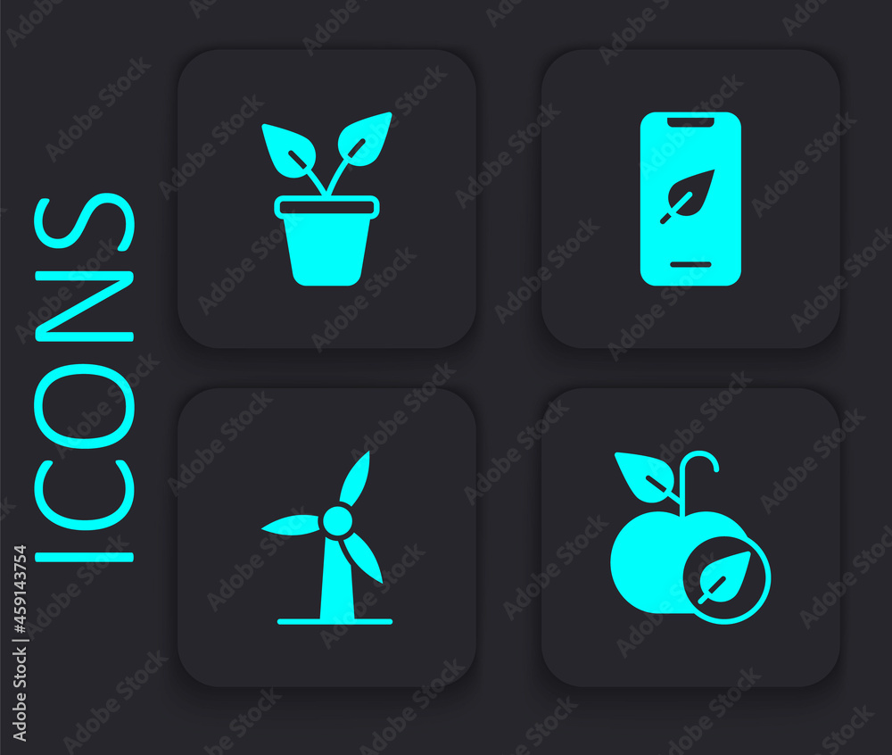 Set Apple, Plant in pot, Mobile phone with leaf and Wind turbine icon. Black square button. Vector Set Apple, Plant in pot, Mobile phone with leaf and Wind turbine icon. Black square button. Vector