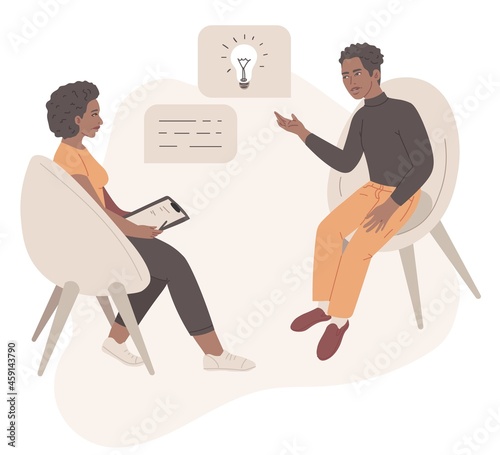 Flat set illustration of a man at a psychologist's appointment. Psychotherapy, the concept of treating mental problems or depression. African American person
